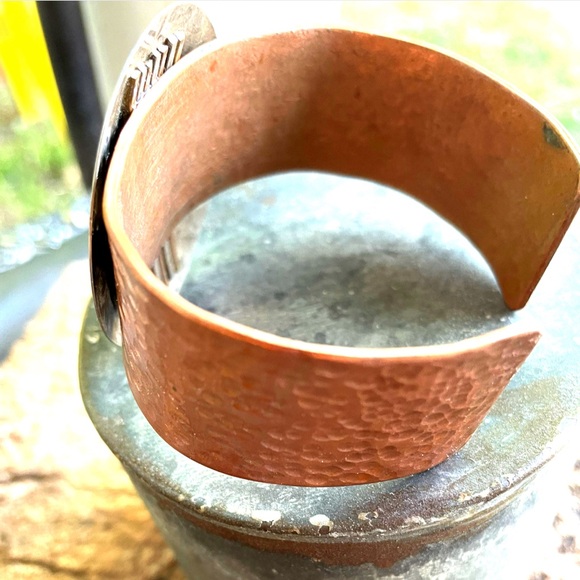 Blacksmiths Handcrafted Hammered Copper Cuff Bracelet Upcycled Vintage Silver - Picture 5 of 11